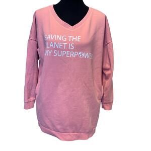 Upcycled Hand Printed M/L Saving the Planet is My Superpower Sweatshirt Pockets